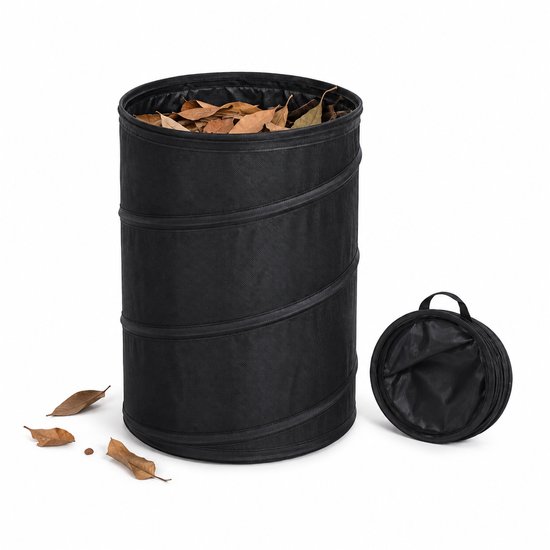 Zwarte, opvouwbare tuinafvalzak, deels gevuld met herfstbladeren, met opgevouwen versie ernaast.