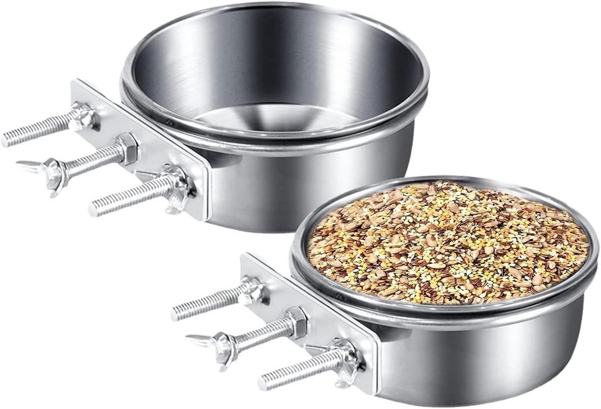 Voederdispenser voor vogels, Set van 2, RVS vogelvoederbak met houder, Parkietenaccessoires, Papegaaien voedercup en waterbak (10 x 4,5 cm)