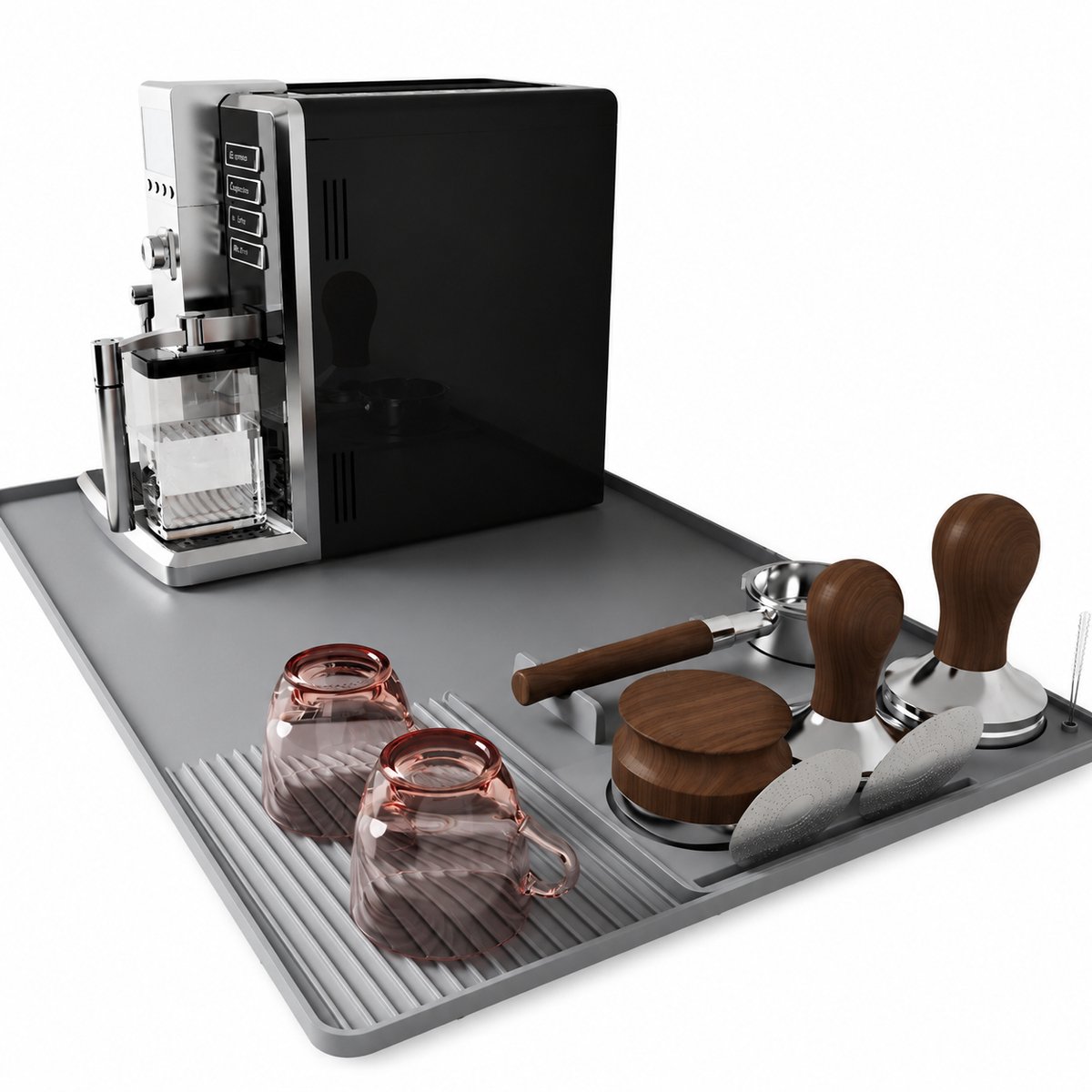 Koffiemat – Mat voor koffiemachines op het aanrecht – Inclusief tampermat – Met opstaande randen – Antislip – Geschikt voor koffiemachines & afdrogen – Grijs