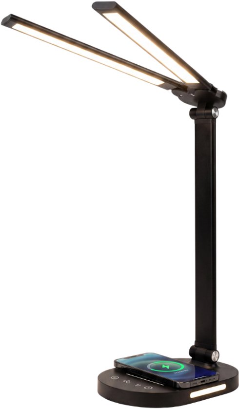 Stane Dubbele Bureaulamp LED Dimbaar - 2 Draaibare Lampenkoppen - 5 Lichtkleuren (2700K-6000K) - Touchbediening - USB Oplader - Tafellamp - Werklamp - Zwart