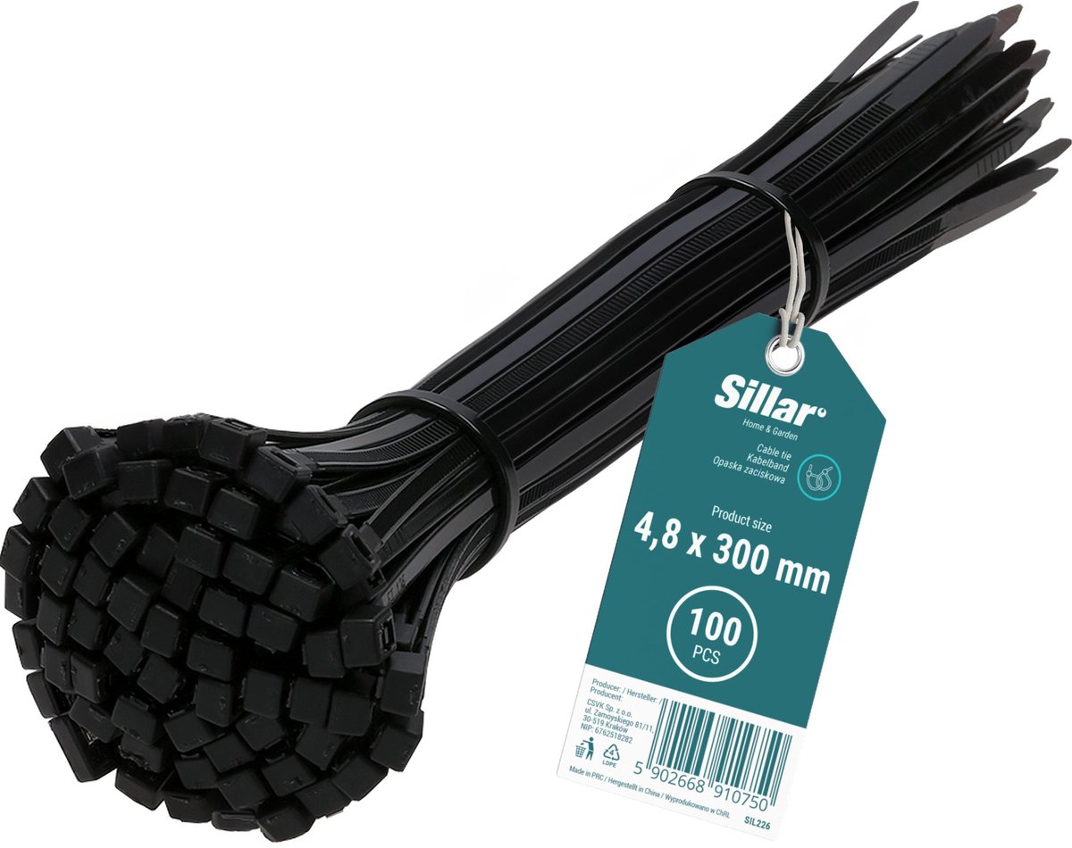 Sillar Set 100 sterke kabelbinders 4,8mm x 300mm - hittebestendig, UV-Bestendig - voor kabels draden slangen organisatie - 22 kg trekkracht