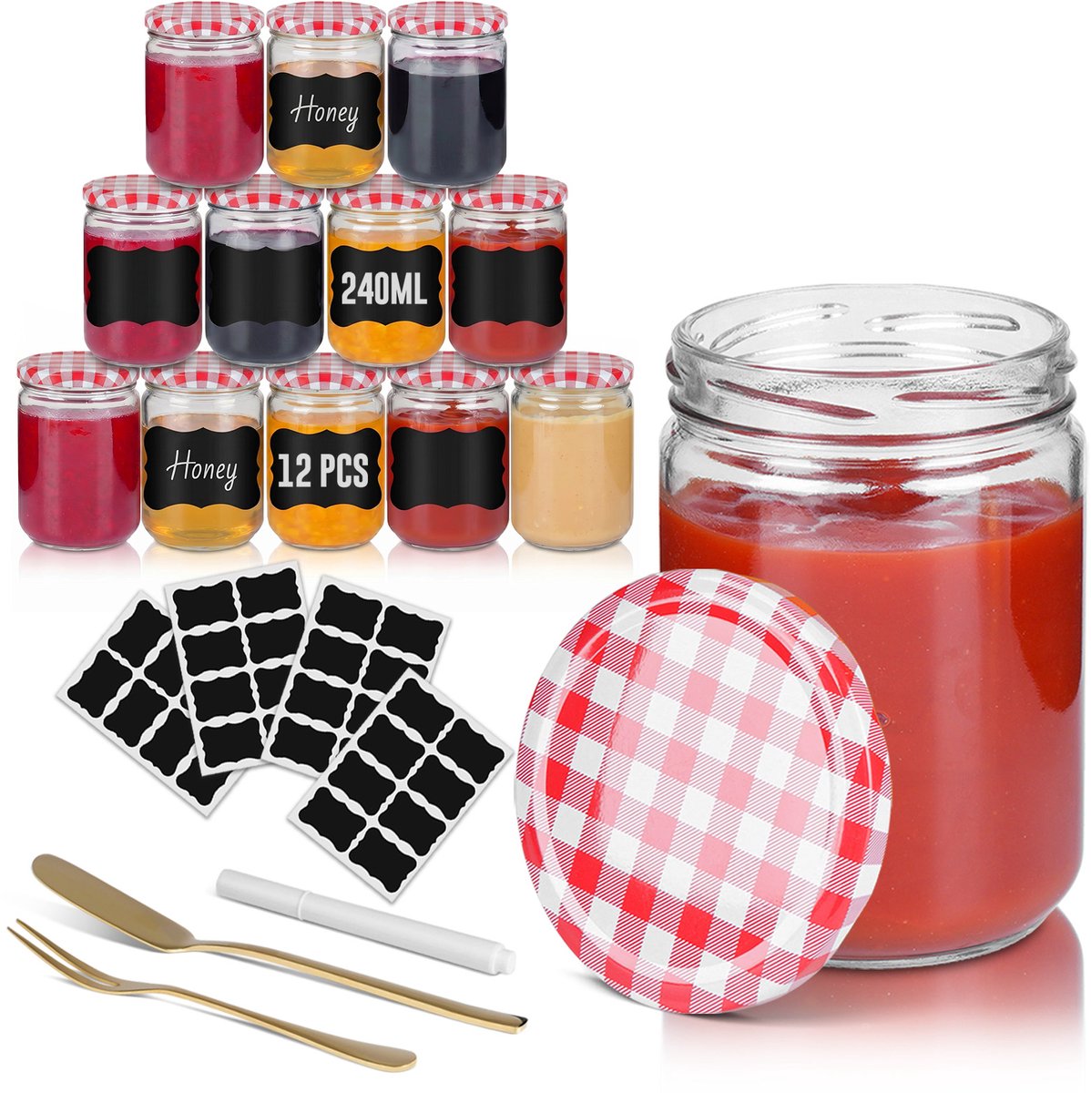 Soontrans - Inmaakpotten - Jampotten - 12 jam pot - Schroefdeksel Voorraadpotten - 240ml Glazen potten - Conservenpotten voor jam/honing - Weckpotten - Rood-Wit Geruit