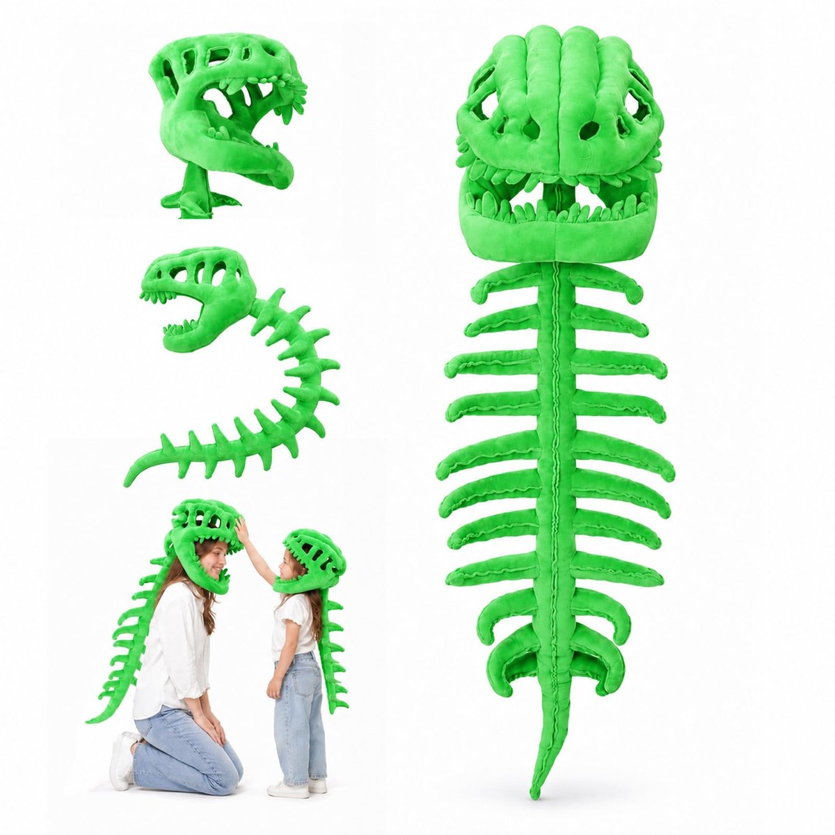 casalora - Dinosaur Skeleton Costume Set - 120cm - Dinosaur Skull Headpiece - Dinosaur Toy - Dinosaur Cosplay Costume - Halloween Costume - Green