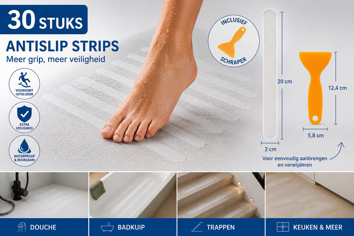 FSW-Products Antislip Strips – 30 Stuks – Zelfklevende Antislip Stickers met Schraper – Voor Vloer, Trap, Douche, Bad & Badkamer – Transparant