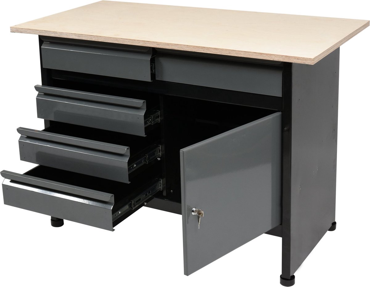 Stalen Werkbank met Multiplex Werkblad - 116 x 60 x 84 cm - Poedergecoat Staal - Inclusief 5 Kogelgelagerde Lades & Sluitbare Kast - Stevige Werktafel voor Werkplaats, Schuur & Garage