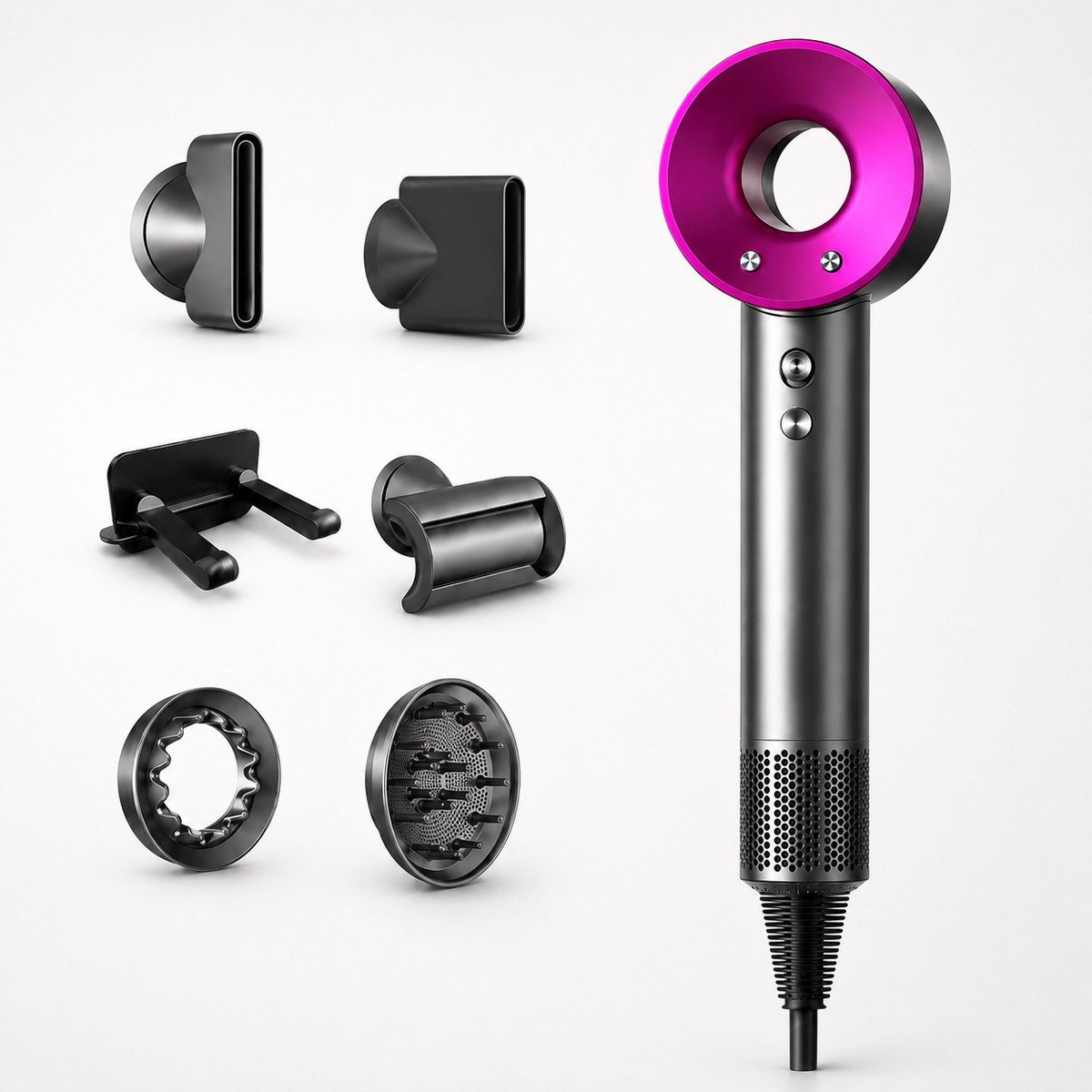 Fohn - Fohnborstel - Haardroger met 6 opzetstukken -Fohn met Diffuser - Ionische Haardroger 1600W - 4 Warmtestanden en 3 Snelheden - Koude Luchtstand - 2,75 m Draaibaar Snoer - Roze