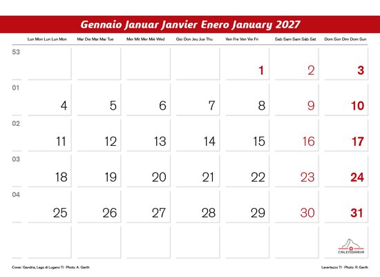 Kalenderpagina voor januari 2027 met dagen van de week in het Nederlands, Engels, Spaans en Frans. De 1e, 2e, 3e, 9e, 10e, 16e, 17e, 23e, 24e, 30e en 31e zijn rood gekleurd.
