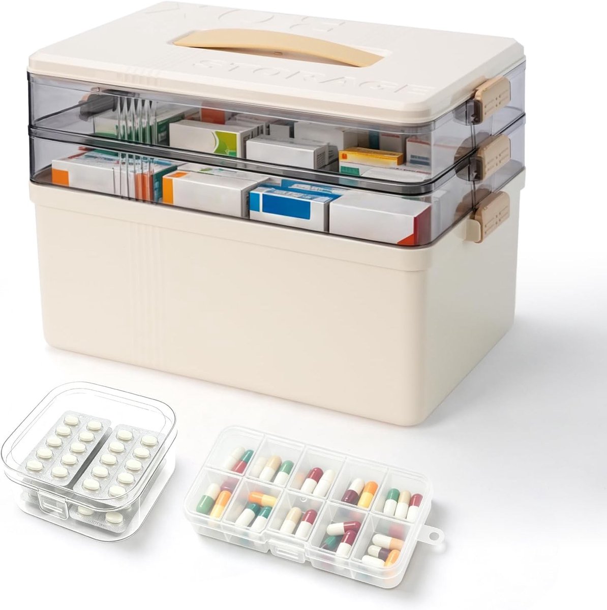 Grote opbergdoos voor medicijnen met 3 verdiepingen, handvat en draagbaar ontwerp voor thuisgebruik en organisatie