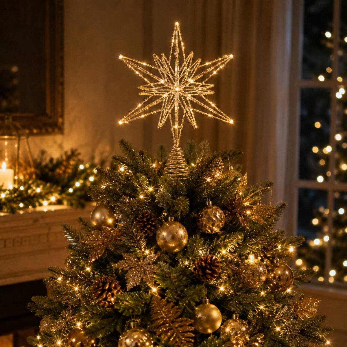Verlichte kerstboompiek ster - champagne goud - 33 cm - 20 LED lampjes - warm wit licht – foto 4