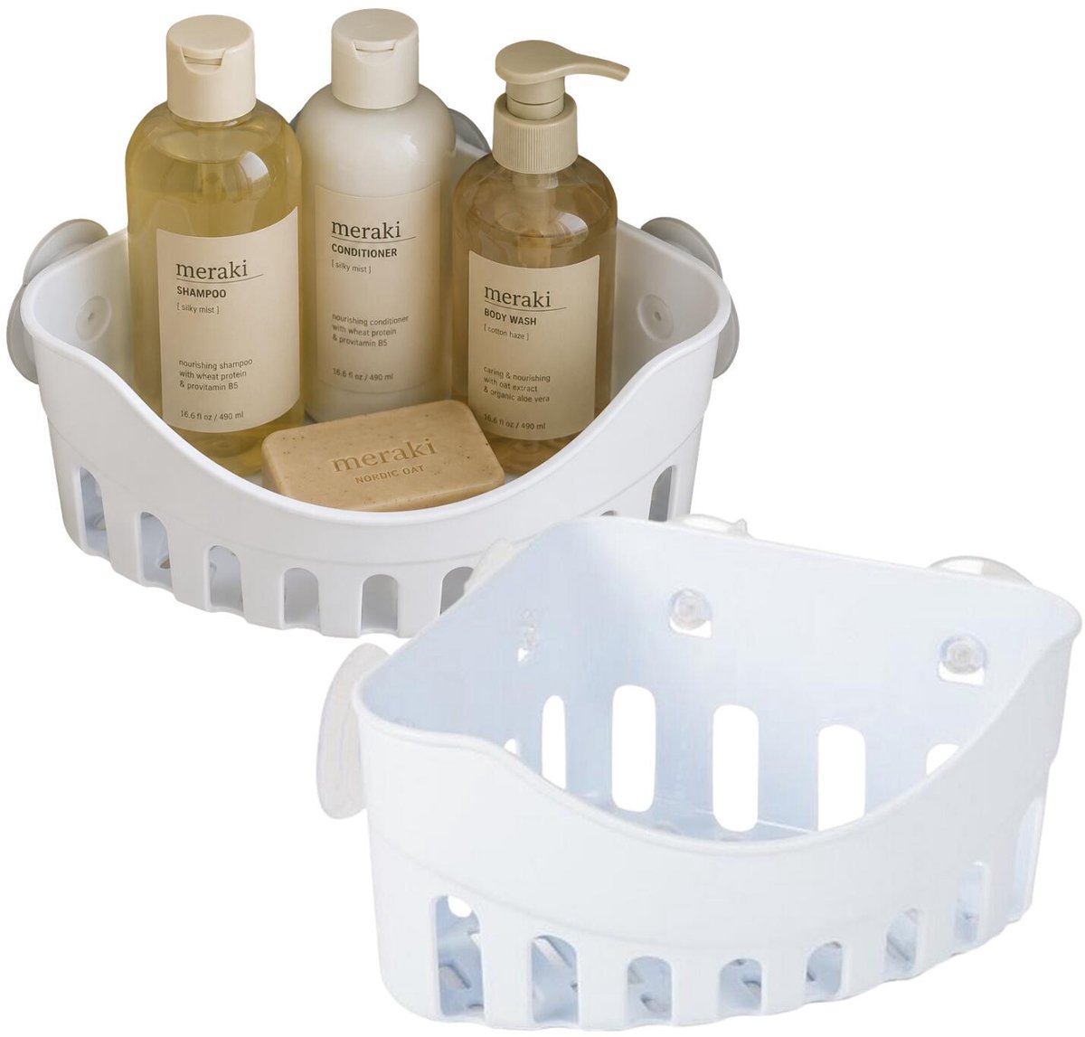 Toyma Badkamerorganizer - 2x - met zuignappen - wit - 20 x 20 x 11 cm - hoekmodel