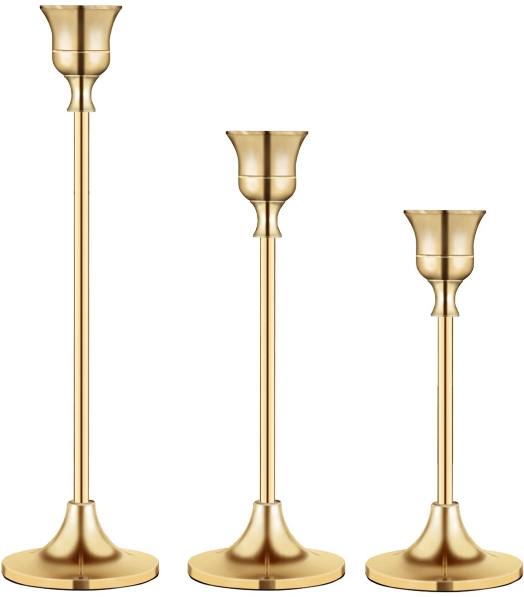 Set Van 3 Kandelaars Voor Staafkaarsen — Verschillende Formaten — Vintage Messing-Gouden Afwerking — Geschikt Voor Open Haarden, Feestjes, Diners En Woondecoratie