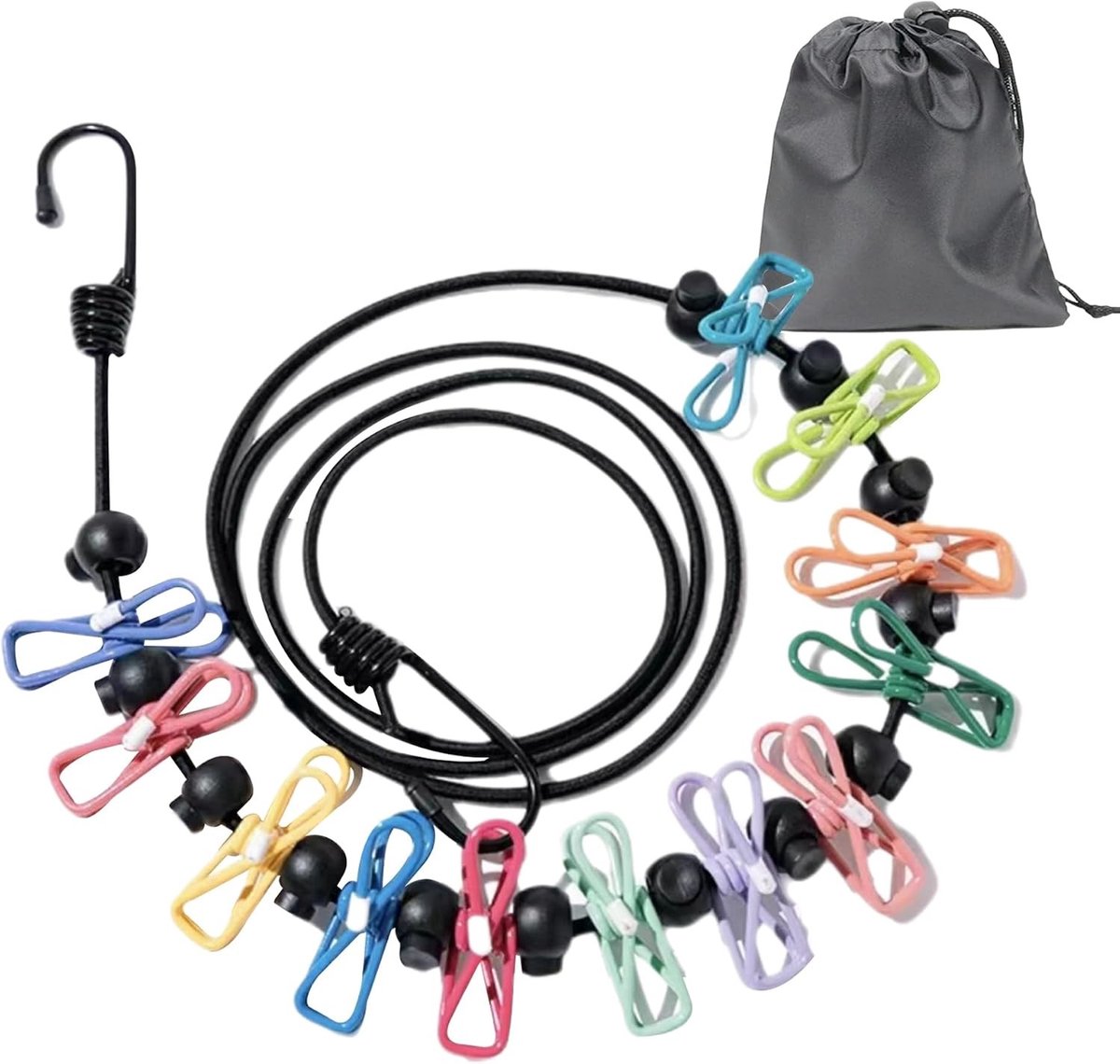 Waslijn uittrekbaar - Zwart - Elastisch tot 360 cm - Met 12 Clips en 13 Positioneringskralen - Voor Reizen en Outdoor