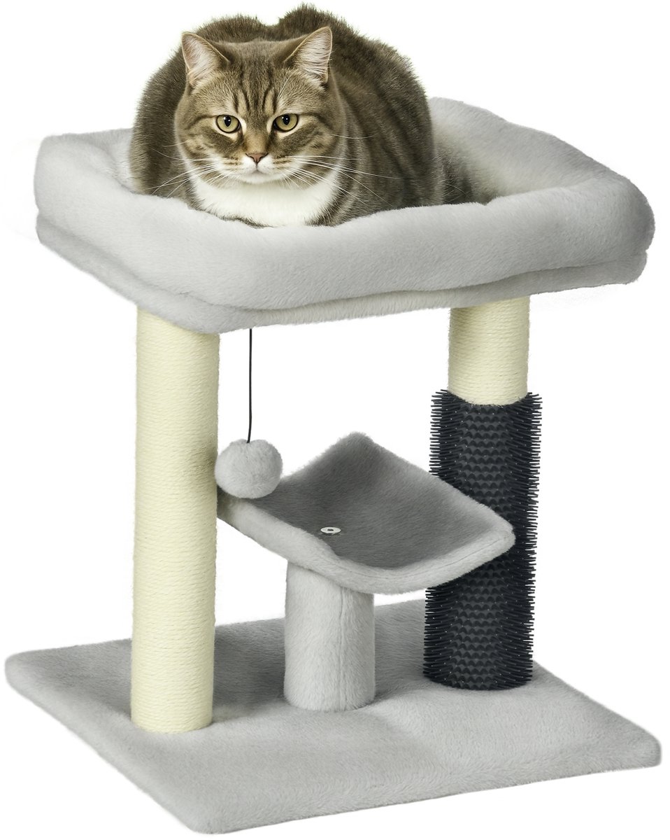 Klimrek voor katten met klauwplaten – aan de bovenkant voorzien van 1 grijs sisalstaafvak – 1 vak en 1 hangende grijze bal – hoogte 48 cm – grijs