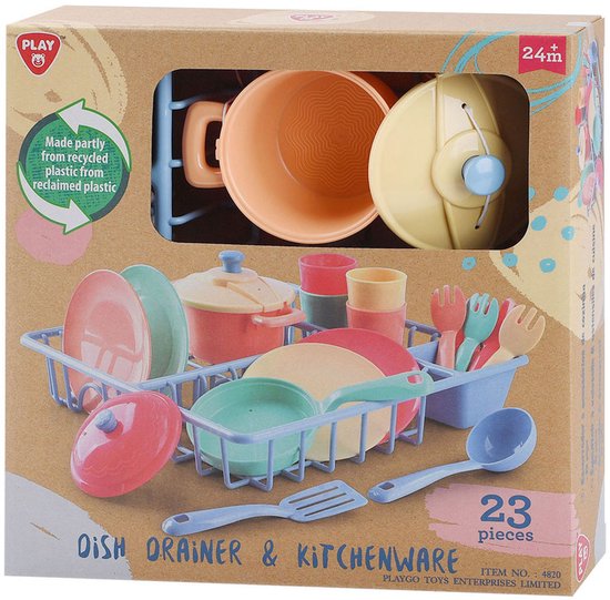 Verpakking van een 23-delige speelgoedafwasrek en keukengerei set met pastelkleurige borden, pannen, bekers en bestek.