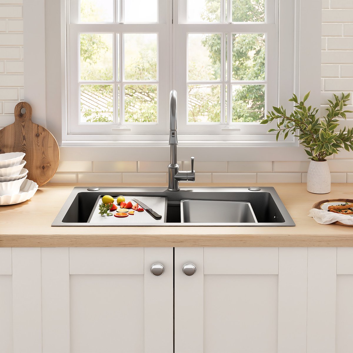 VVBV Spoelbak 75x45x22 cm - Met Snijplank, Met Zeefmand, Watervaluitloop, PVD-Coating - Zilver, RVS