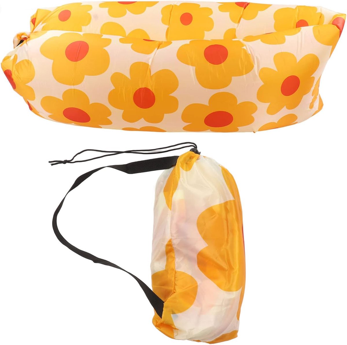 Luchtloungebank zonder pomp, opblaasbare luchtbank met gele bloemenprint, draagbare outdoor ligstoel voor strand, camping, festival en tuin, inclusief opbergtas