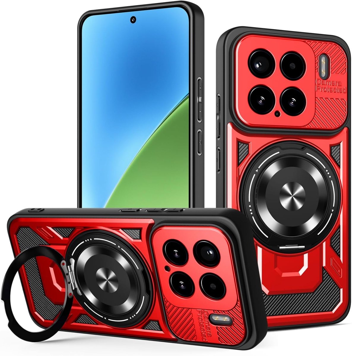 Hoesje voor Xiaomi 15 5G,hoes met 360° draaibare Metaal Ring magnetische standaard,militaire schokbestendig siliconen TPU en PC Robuuste krasbestendig Beschermhoes,rood