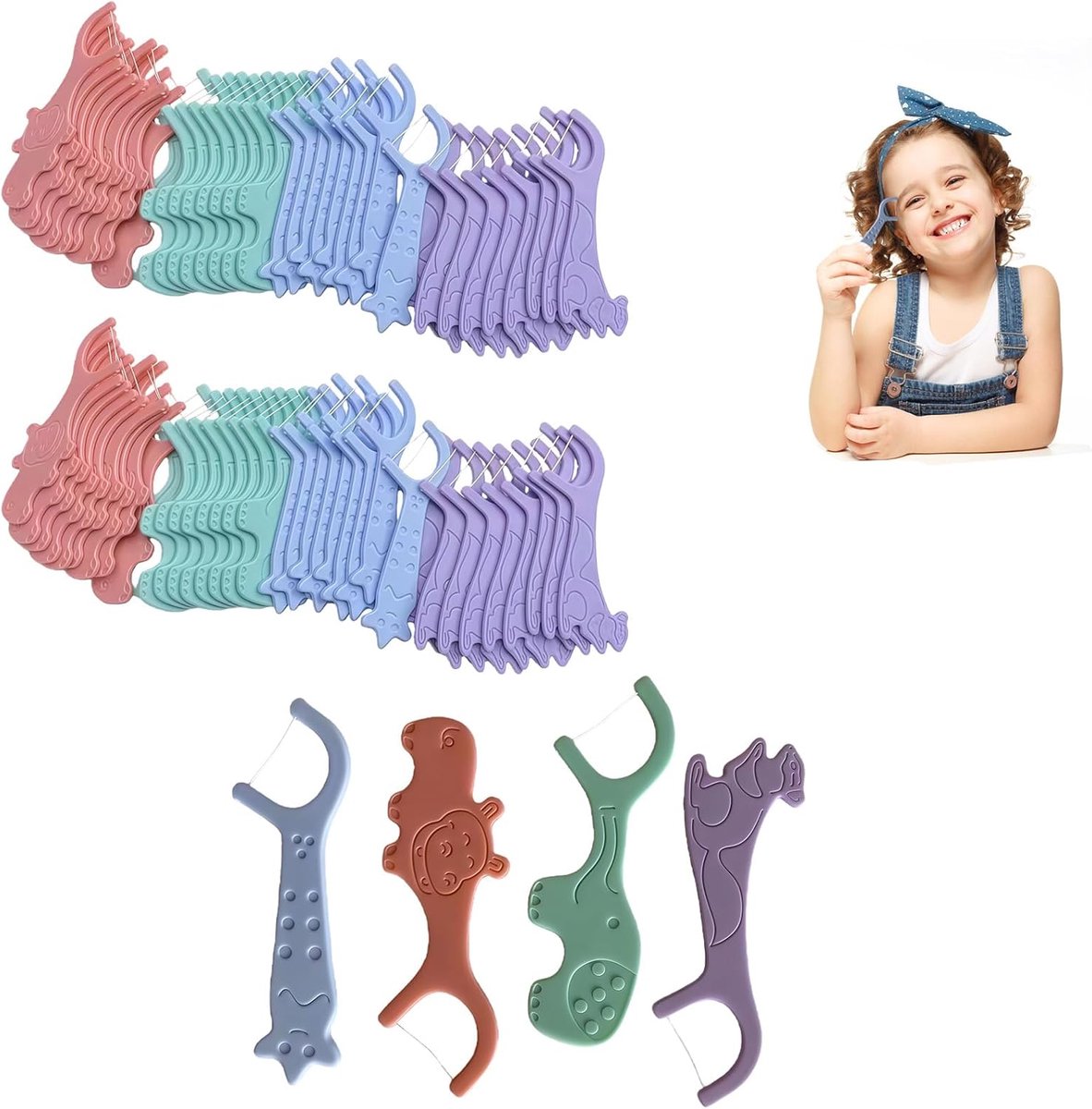 Tandzijde Voor Kinderen – 80 Stuks Floss-Sticks Met Diervorm – Ongewaxt & Fluoridevrij – BPA-vrij Interdentale Tandenstokers Met Y-Vormig Design – Tandverzorging Voor Peuters En Kinderen
