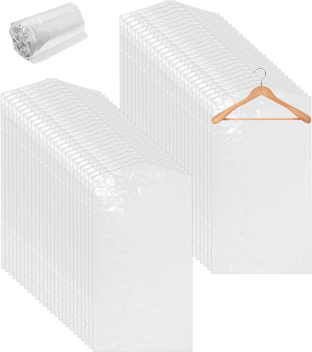 50 transparante kledingzakken van kunststof, 60 x 100 cm, stofbescherming voor kleding, stofdichte zakken, kledinghoes voor blazers, jurken, overhemden