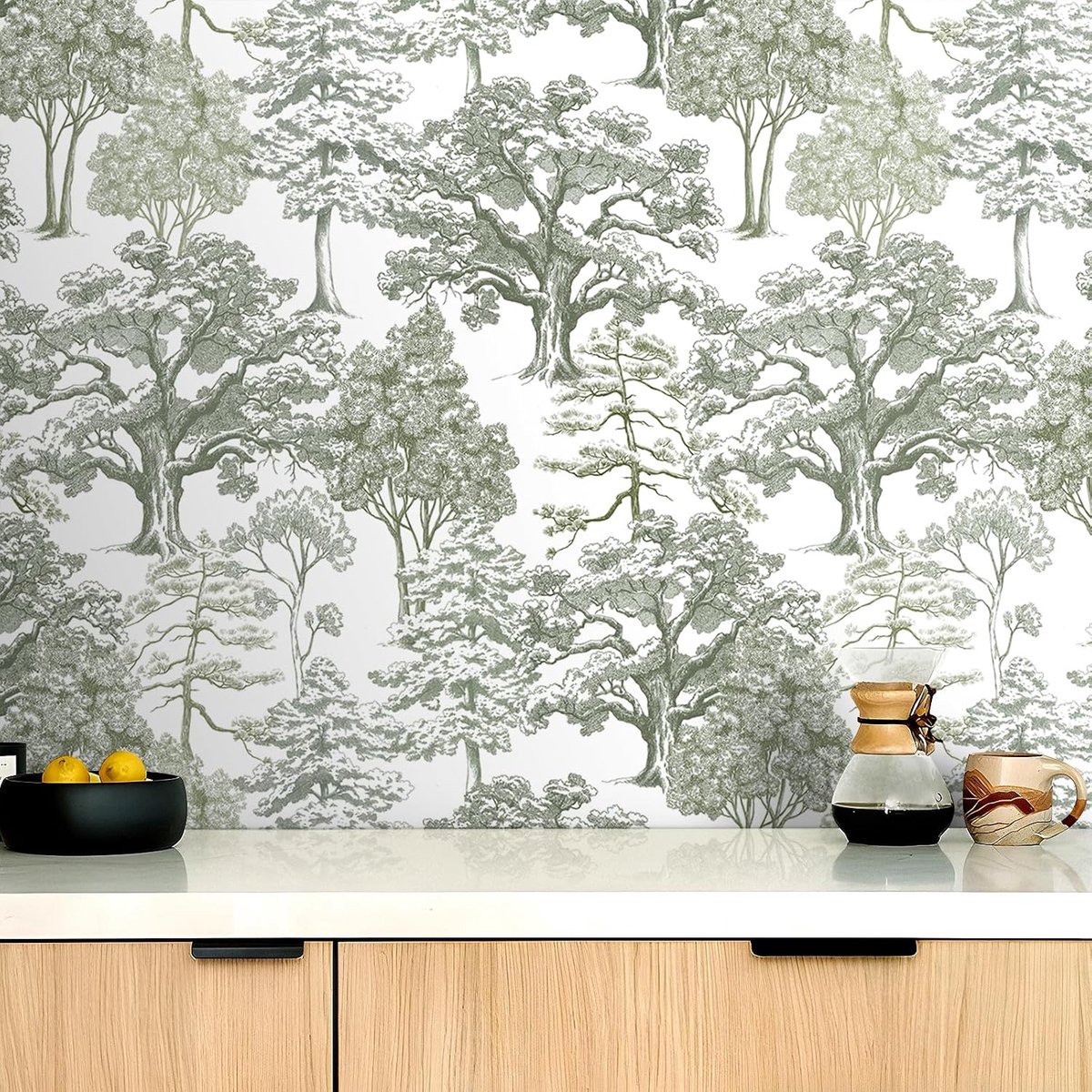 Behang Toile de Jouy boom wit groen grijs plakfolie meubels boslook kledingkast ladekast behang zelfklevend slaapkamer bos muur planten 44.5CMx2M