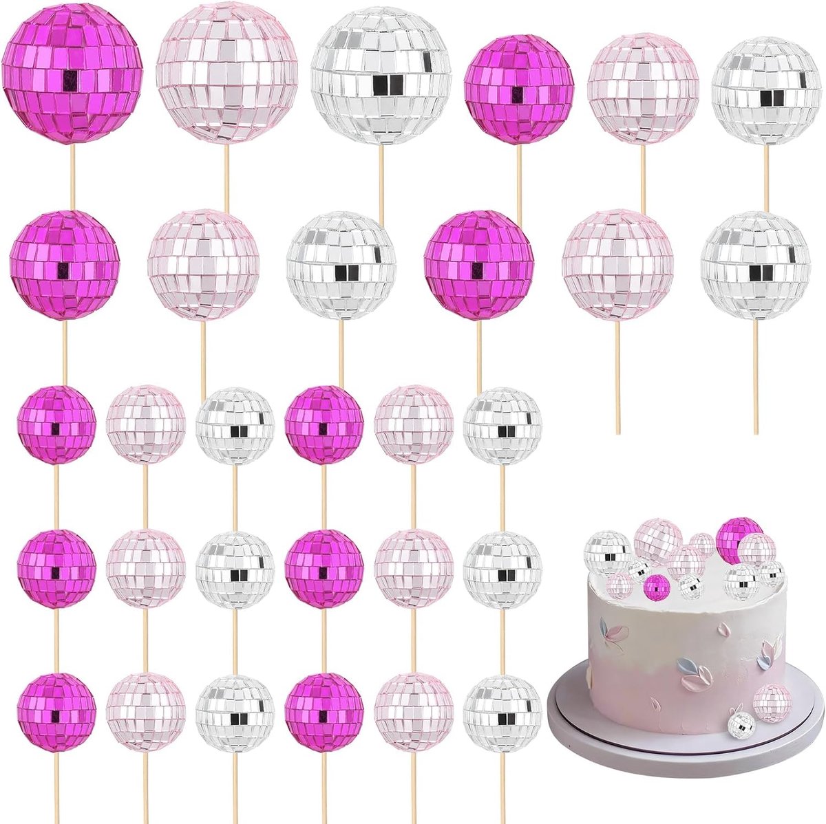 30 stuks mini-discobal cupcaketoppers, glanzend roze 3 kleuren taartdecoraties met stokjes voor jaren 70 feestthema, desserttafels, verjaardagen en vieringen (roze, zilver)