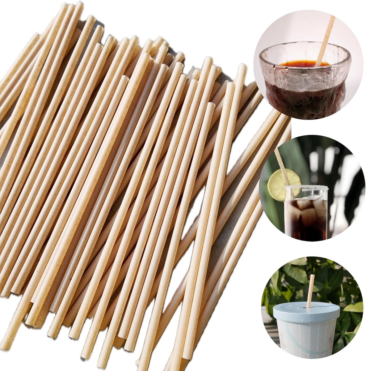 Rietjes, bagasse, 21 cm, 5,5 mm diameter, biologisch afbreekbaar, suikerrietrietje, voor feestjes, vruchtensappen, cocktails, keuken, club, 100/200/400 stuks