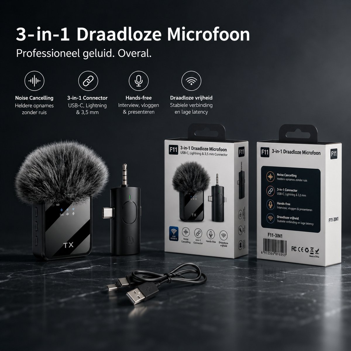 3-in-1 Draadloze Microfoon – USB-C, Lightning & 3,5 mm Connector – Noise Cancelling – Hands-free Interview / Vloggen / Presenteren
