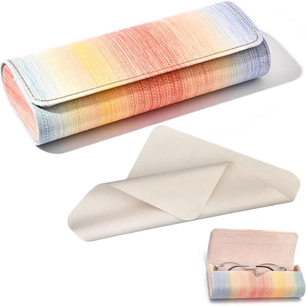 Brillenkoker, hardcase voor dames, premium PU-lederen brillenkoker, regenboogkleuren, brillenkoker, voor dames en heren, wordt geleverd met een microvezeldoek, crèmekleurig voor zonnebril, leesbril