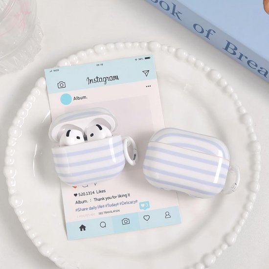 Compatibel met beschermhoes voor AirPods 4e generatie met reinigingsset, schattig, horizontale strepen, esthetisch strependesign, schokbestendig, voor deur, sleutel, zachte hoes, blauw van compatibel — afbeelding 2