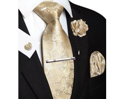 Paisley stropdas voor heren, met pochet, dasspeld met bloemenbroche en manchetknopen, set