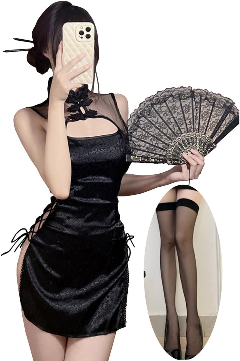 Jurk Sexy Anime Cosplay Lingerie Outfit Hoge Taille Split Dark Goth Lingerie Qipao Club Rave Halloween Kostuum