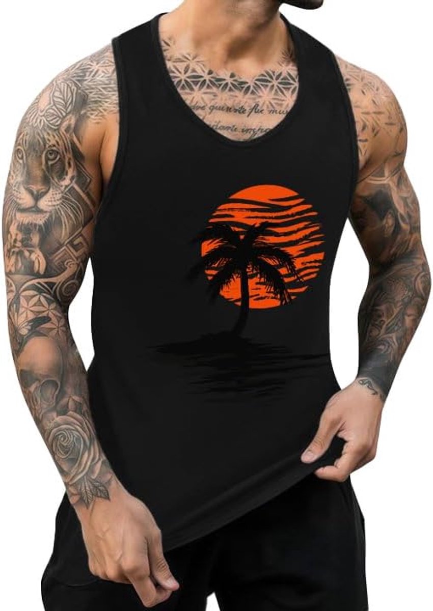 Tanktop voor heren, katoen, bedrukt, mouwloos shirt, zomer, Hawaïhemd, losse tanktop