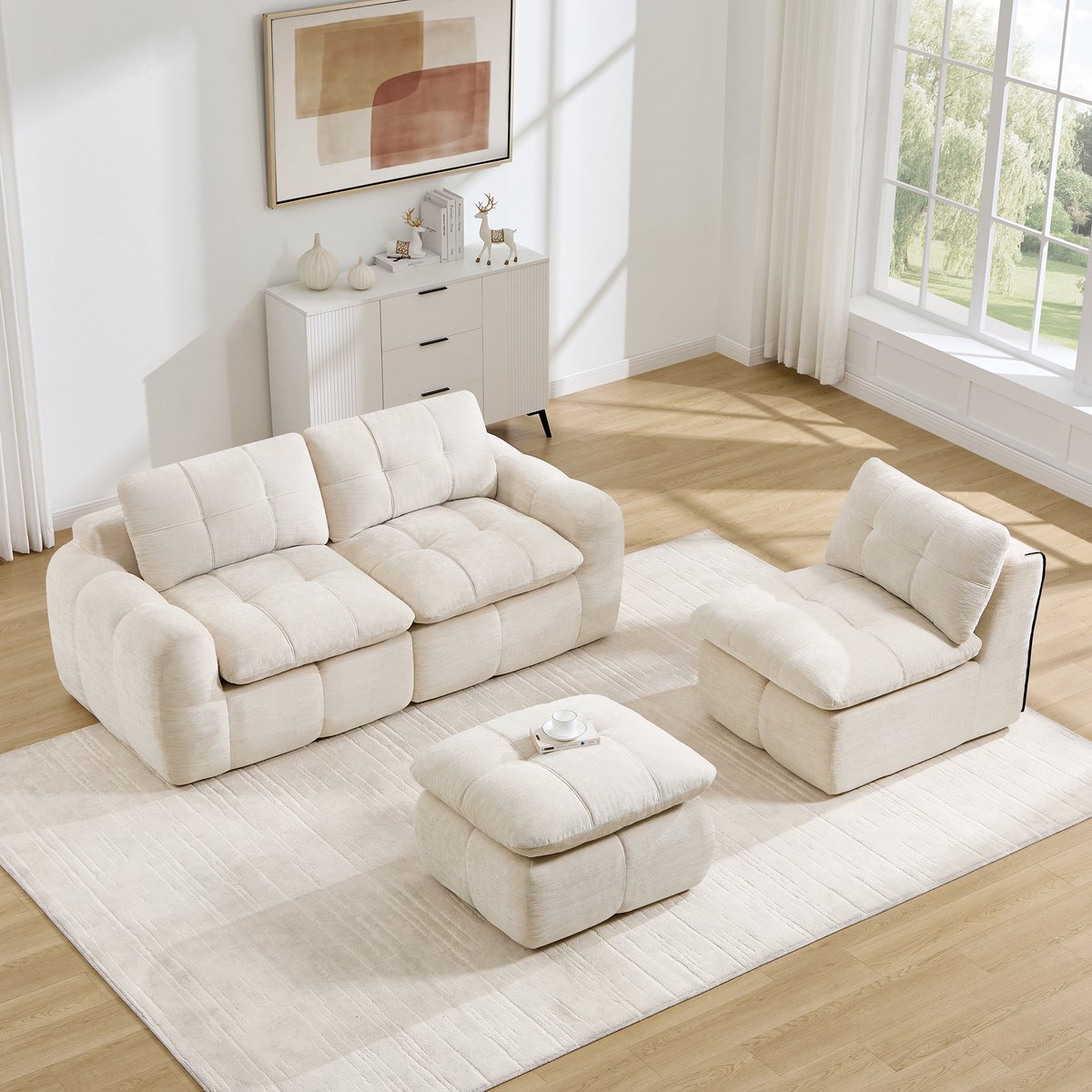 MIVRAY Hoekbank 264 Cm - Modulair L Vormig Met Ottomane En 32D Schuim - Voor Woonkamer En Appartement - Chenille - Beige