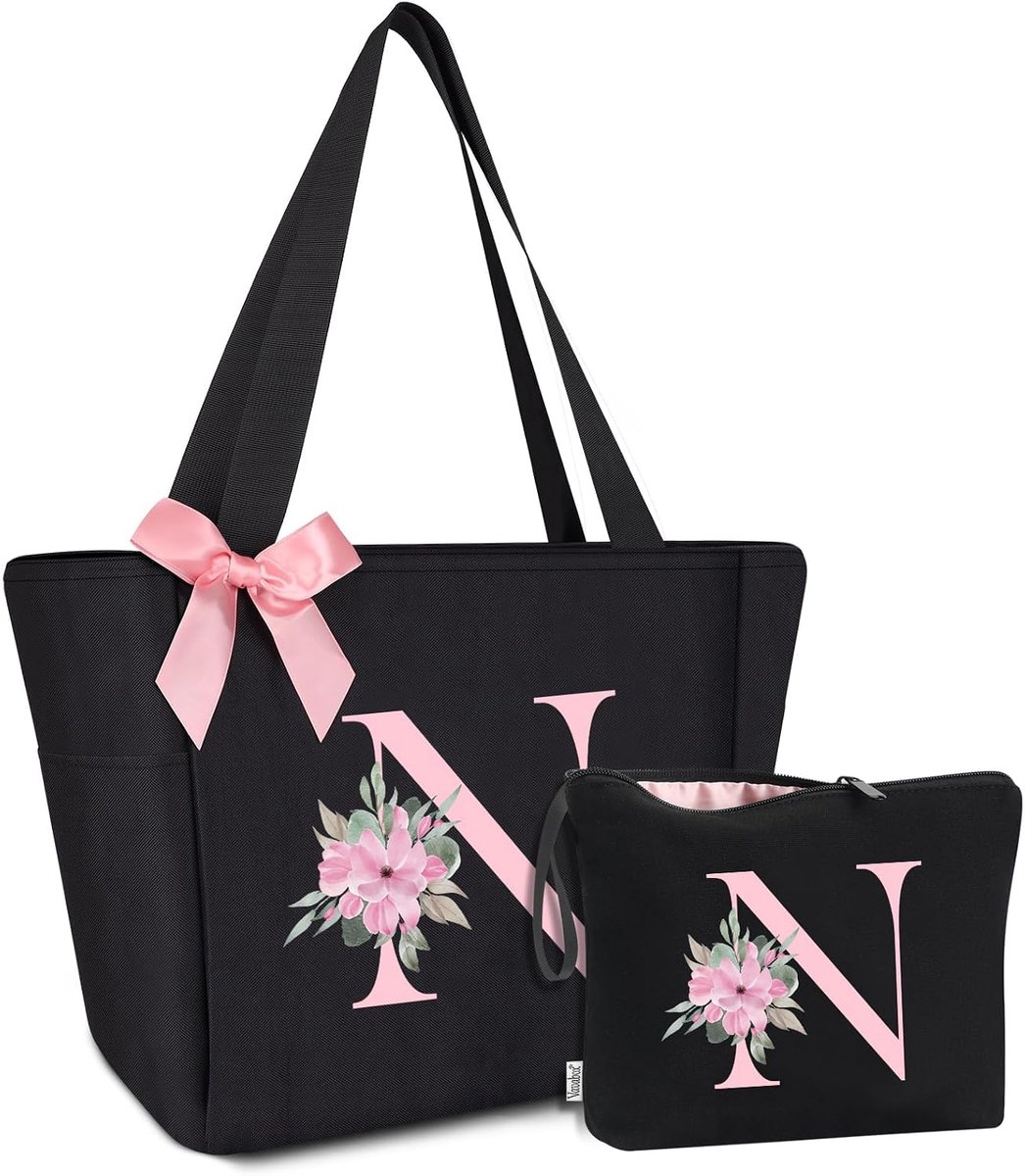 Cadeaus voor vrouwen - Eerste draagtas en brief make-uptassets, ideaal voor bruidsmeisje, bruiloft, verjaardag, Zwart, 30 x 46 x 17 cm (tote bag), 25 x 20 x 1 cm (makeup bag)