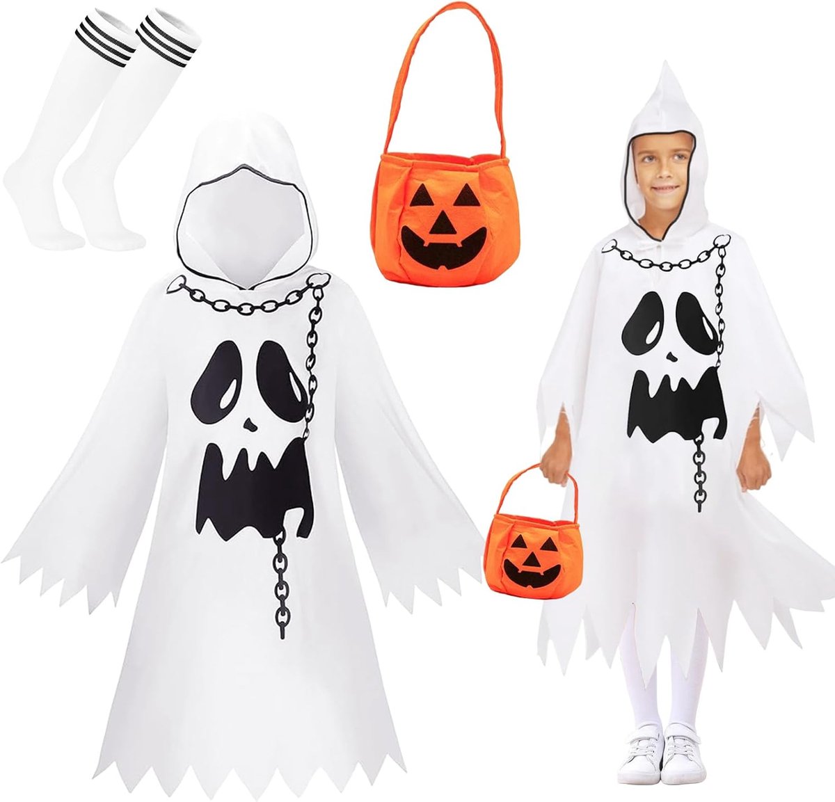 Geestspenkostuum voor kinderen, witte cape voor Halloween, met pompoenzak, Halloween-geestenkostuum, Halloween, carnaval, geestenkostuum voor jongens en meisjes