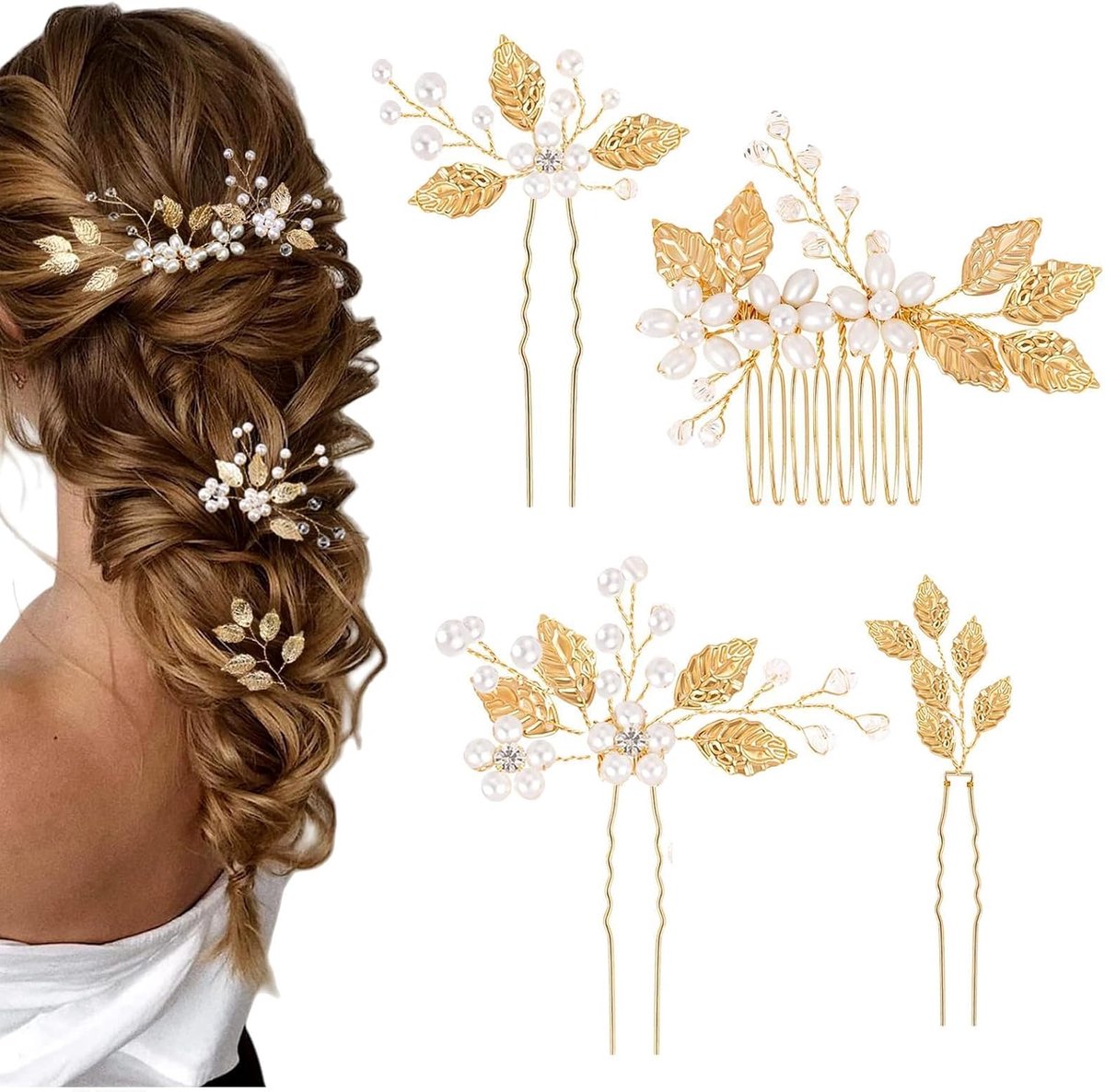 Haarspelden, 4 Stuks Bruiloft Haaraccessoires, Bruiloft Haarspelden, Kristal/Vintage Kralen, voor Vrouwen Bruid Bruidsmeisje Meisjes (Goud)