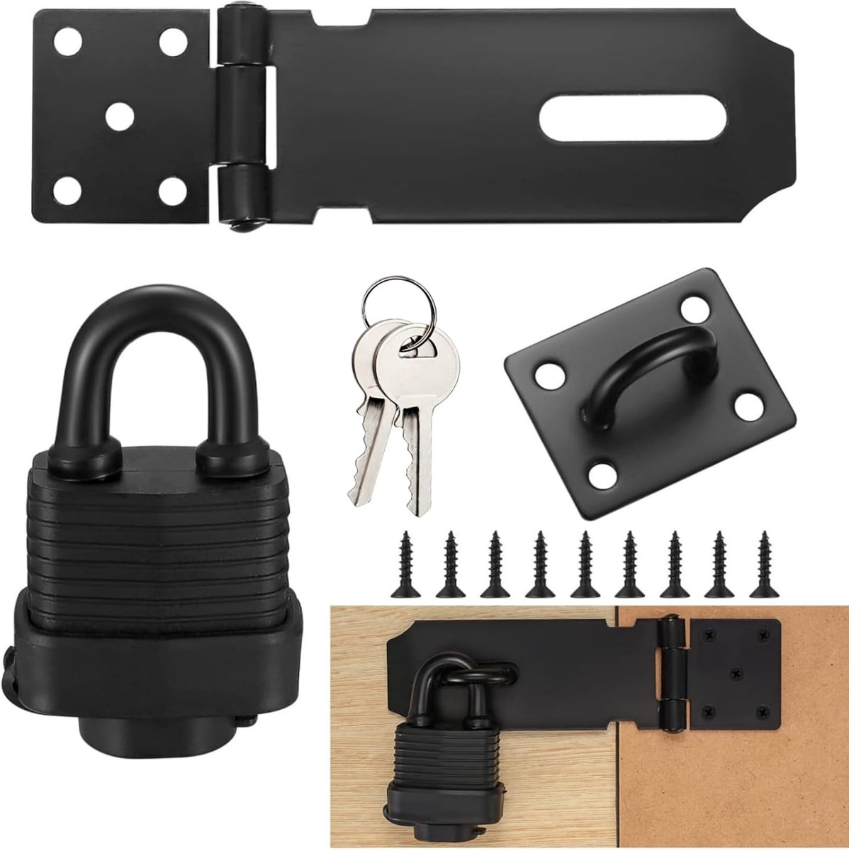 Stalen grendelslot haasp met hangslot,Hangslot Hasp Kit,met hangslot en schroeven voor deurvergrendeling binnen en buiten, kast, kelder, balkondeur & buisframeslot