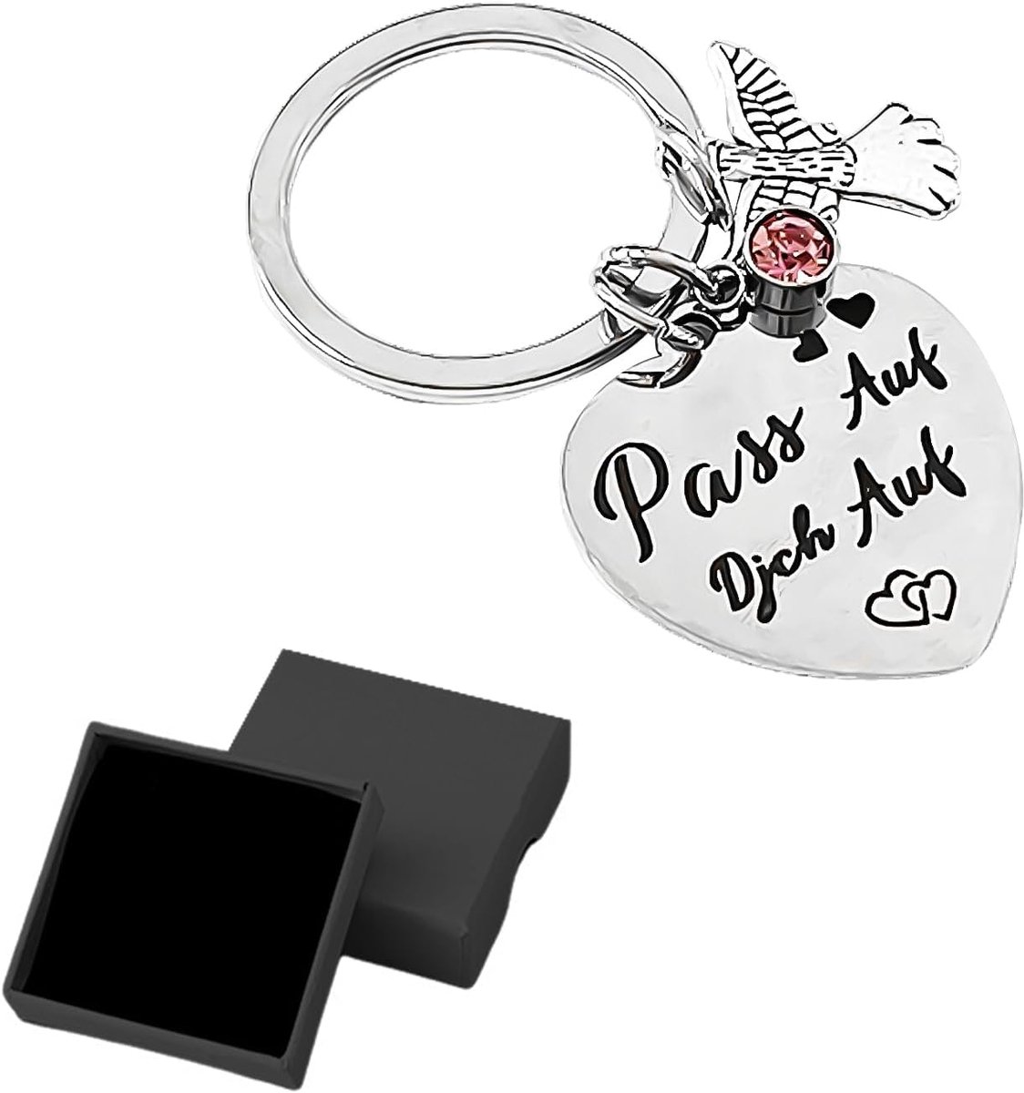 1 stuk beschermengel sleutelhanger, 1 stuk geschenkdoos, geluksbrenger-sleutelhanger, hartvormige sleutelhanger, roestvrij stalen sleutelhanger, sleutelhanger voor veilig rijden, zilver, Eén maat,