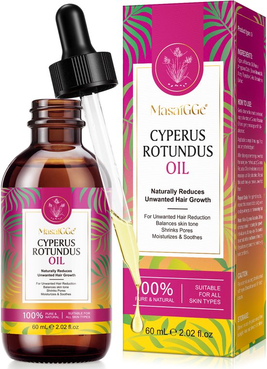 Bruine druppelfles met cyperus rotundus olie, aloë vera, amandelen en haverstengels. Doos met productinformatie. Tekst: 100% puur & natuurlijk.