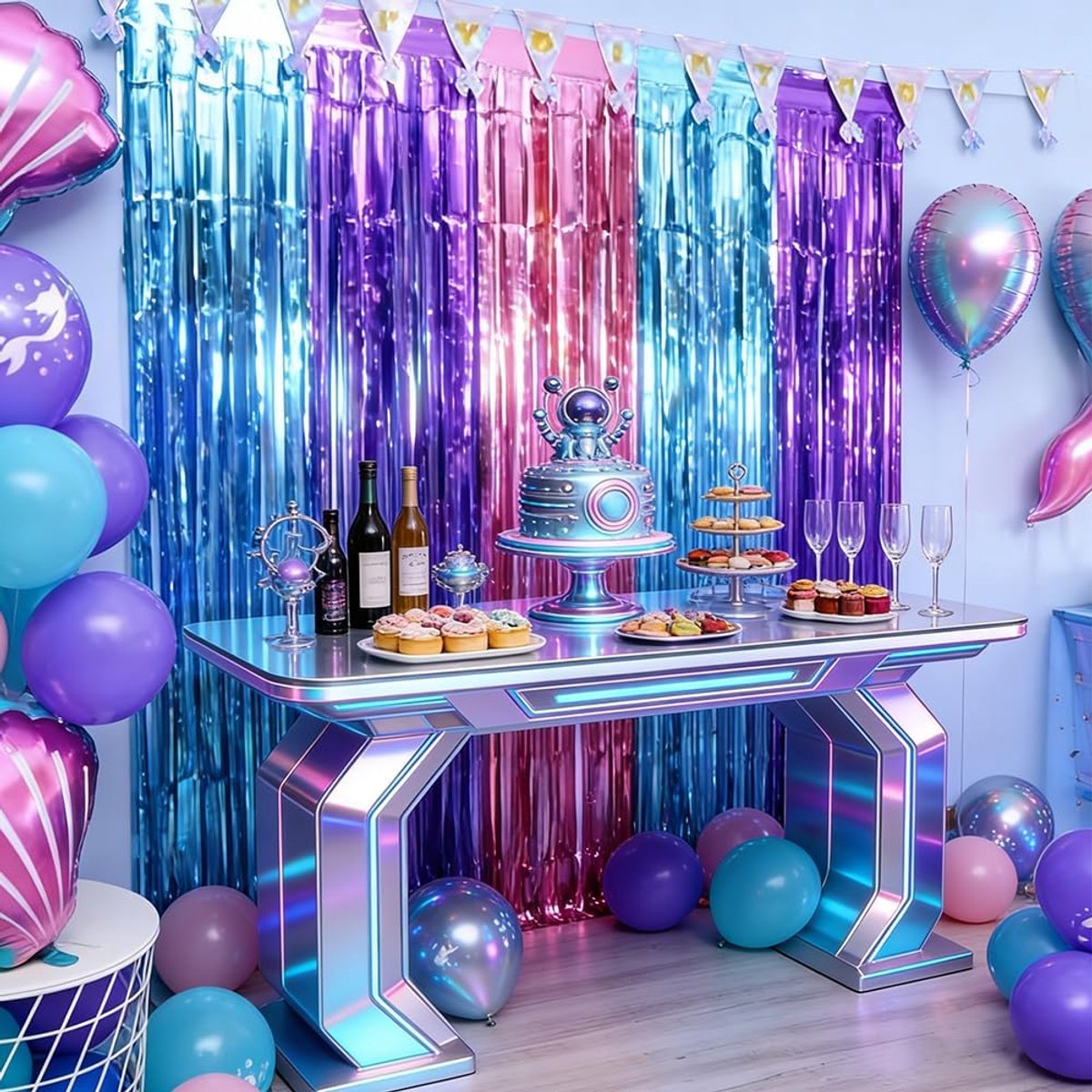 3 stuks blauw-paars-roze folie franje gordijn, kleurrijke folie franje achtergrond, feestdecoratie, kwastjes streamers benodigdheden voor babyshower, verjaardag, afstuderen, bruiloft, jubileum