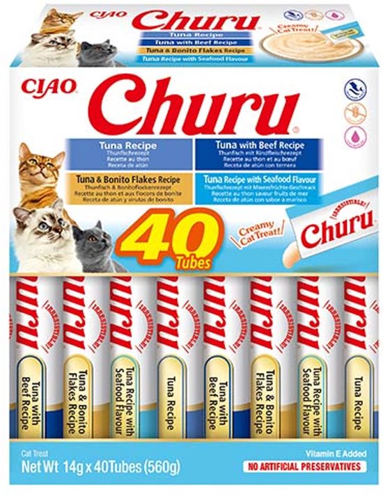 Verpakking van 40 Churu kattensnacks met verschillende smaken: tonijn, tonijn met rund, tonijn en bonito, en tonijn met zeevruchten.