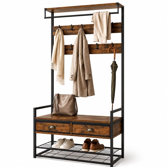 Kapstok met houten elementen, zwarte haken, twee lades, zitting en schoenenrek, met kleding en accessoires.