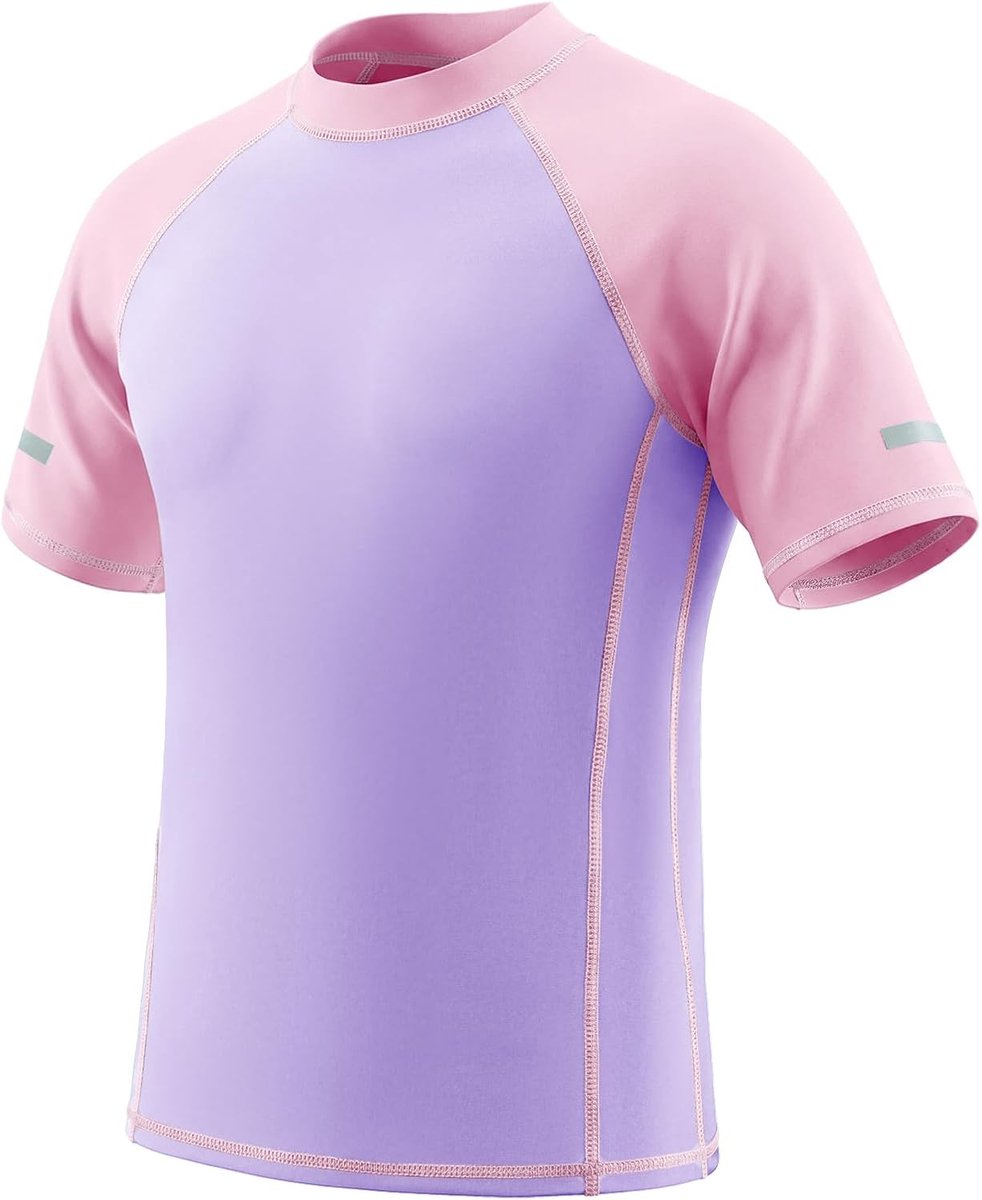 Rashguard Zwemshirt Kinderen Korte Mouwen UV-shirt Rashguard met Reflecterende Strepen Badkleding Top Surfen Strand Zwemmen Sportshirt voor Kinderen 7-15 Jaar