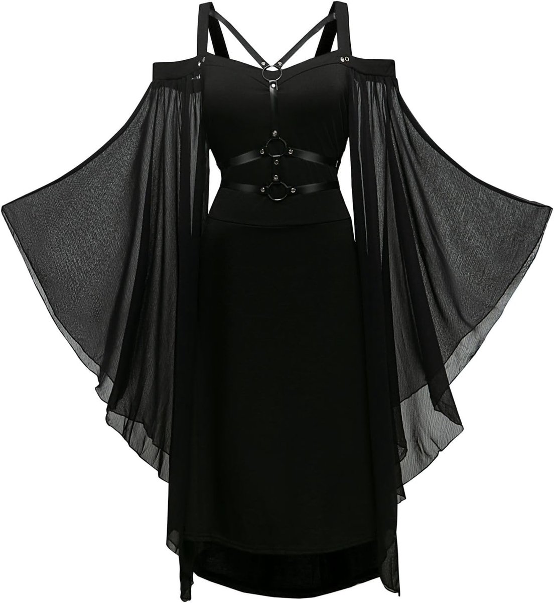 Jurk dames vintage zwarte middeleeuwse jurk met trompetmouwen gebonden taille jurk Halloween carnaval kostuum voor vrouwen