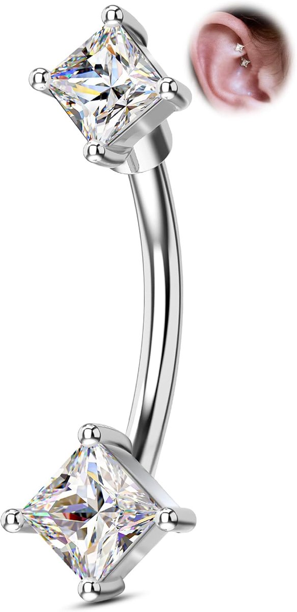 16G piercing Rook goud chirurgisch staal 316L met vierkante CZ minimalistisch gebogen voor wenkbrauwen 6/8 mm oorbel kraakbeen wenkbrauwpiercing voor dames