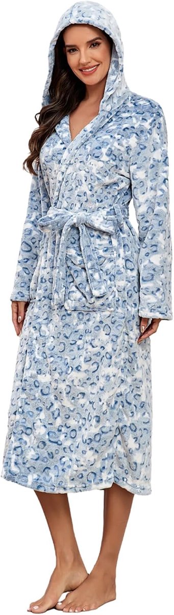 Badjas met luipaardprint voor dames, lang en dik fleece materiaal met zak, licht luxe
