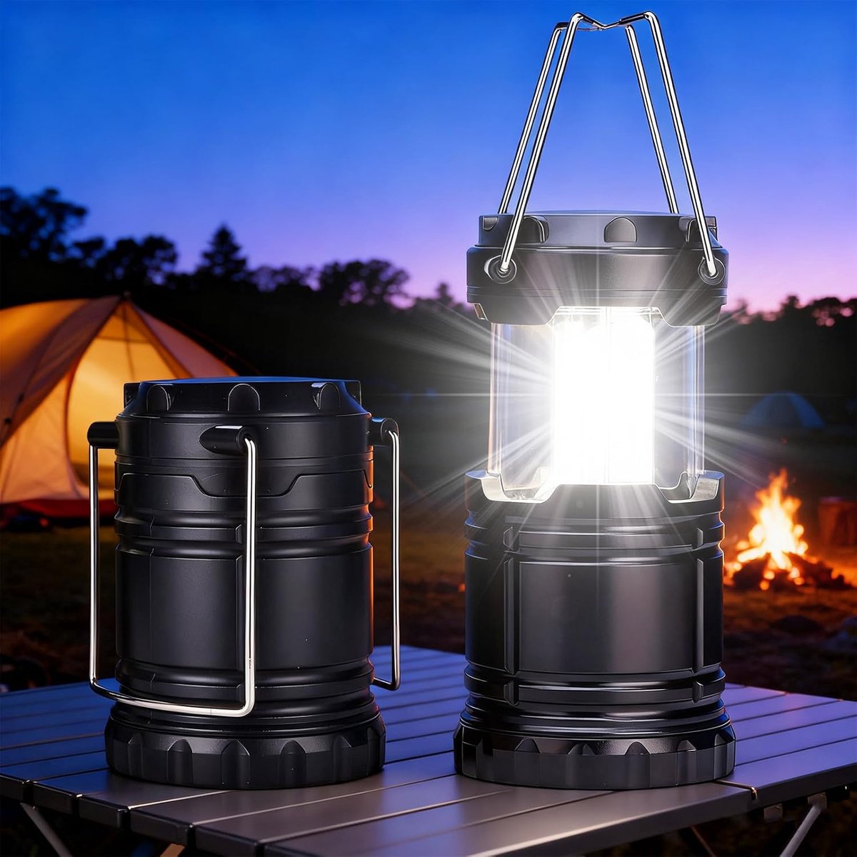 2 stuks led-campinglamp, opvouwbaar, waterdicht, campinglicht met haak, draagbare campinglantaarn voor tent, wandelen, vissen, werkt op batterijen (AAA, niet inbegrepen)