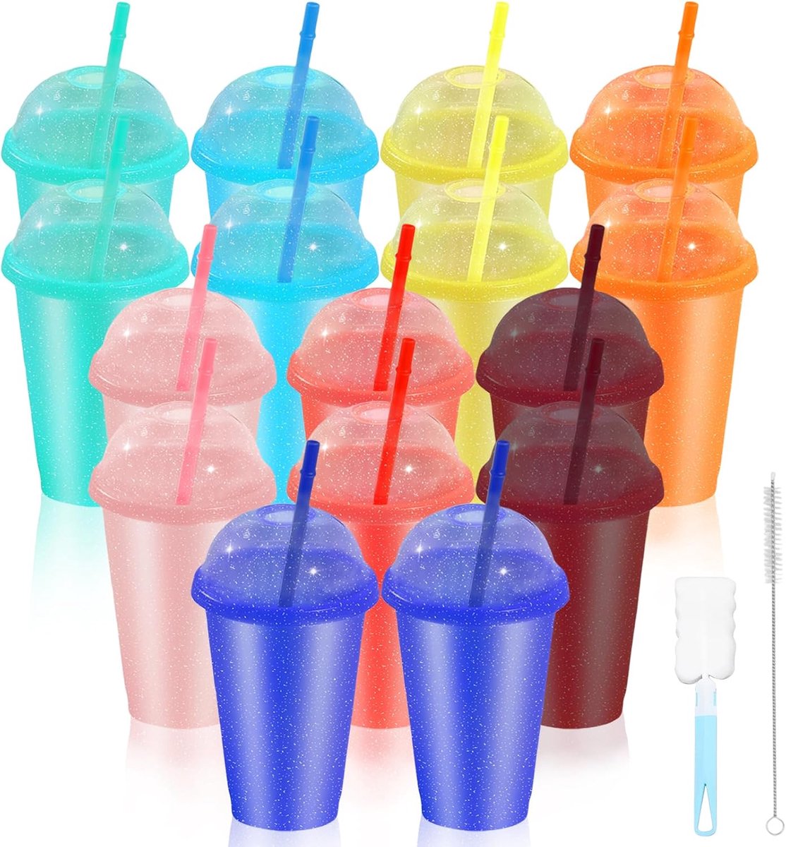 16 stuks slush ijsbekers, 16oz / 475 ml drinkbekers, 8 kleuren | Kleurwisselende beker met rietje en deksel, herbruikbare plastic beker voor ijskoffie, koud drinken, smoothie, sap