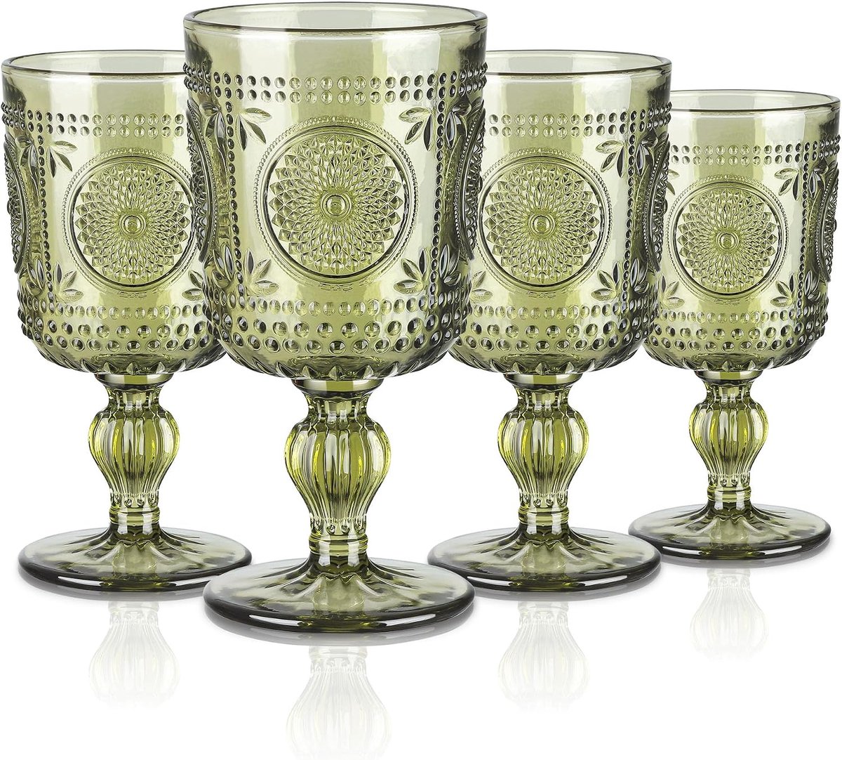 300 ml groene vintage glazen wijnbeker, romantische zonnebloem reliëf drinkglazen, zware stengel wijnglazen voor kerstfeest bruiloft tafel decor, set van 4, vaatwasmachinebestendig