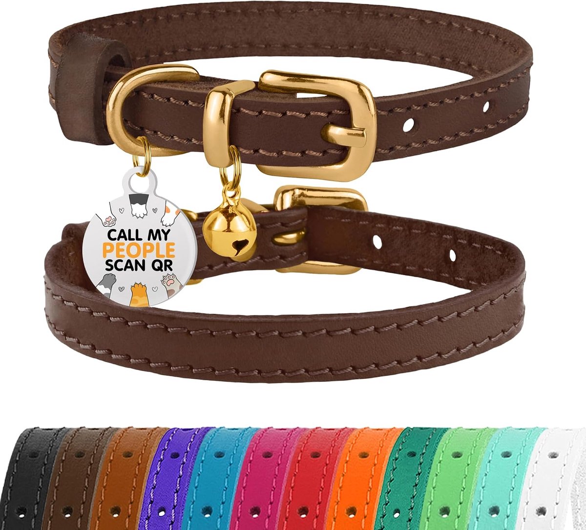Lederen kattenhalsband met belletjes, niet-ontsnappend katje, QR-tag voor meisjesjongen (18-22 cm, donkerbruin en goud)